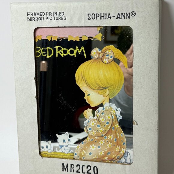 Vintage Sophia Ann Framed Mirror Picture Bedroom Yellow Girl Praying Kittens NEW - Picture 1 of 2